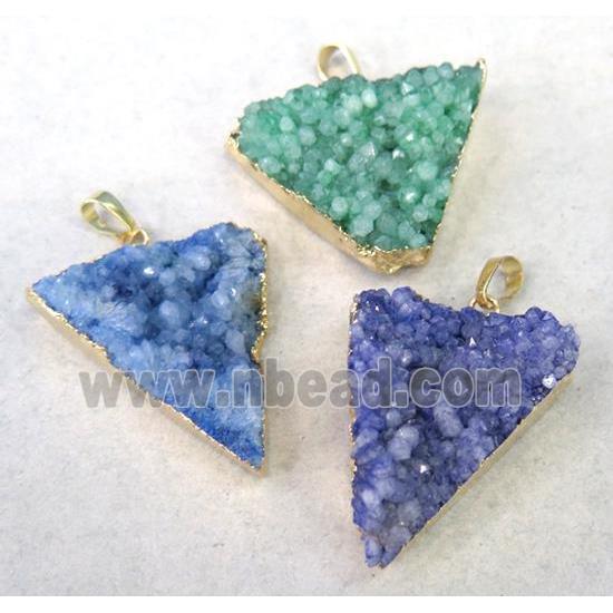druzy quartz triangle pendant, mix color, gold plated