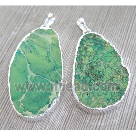 green Sea Sediment Jasper slice pendant, silver plated