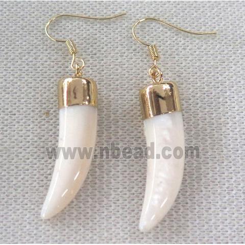 white pearl shell horn earring, gold plated