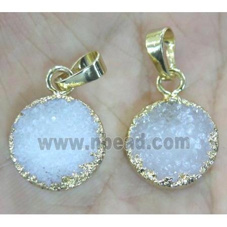 white druzy quartz pendant, flat-round, gold plated