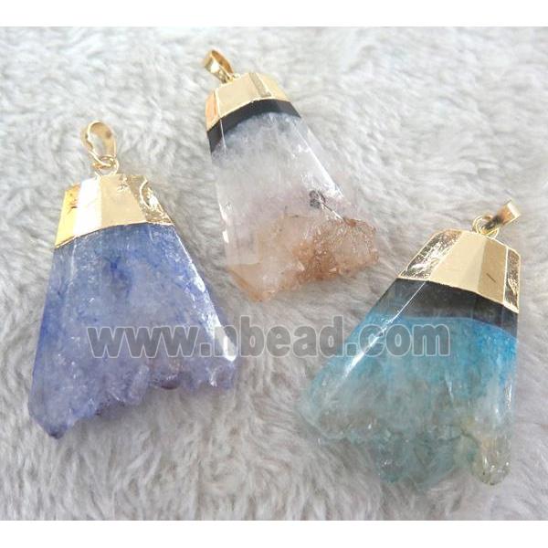 druzy agate pendant, freeform, gold plated, mixed color