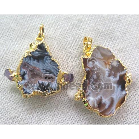 druzy agate pendant paved gems, freeform slice, gold plated