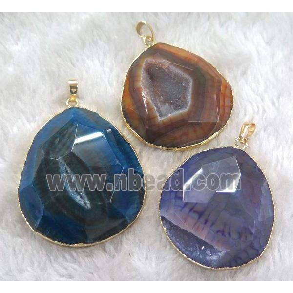 druzy agate pendant, faceted freefrom, mixed color, gold plated