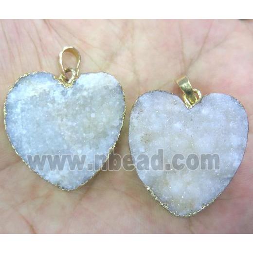 white druzy quartz pendant, heart, gold plated