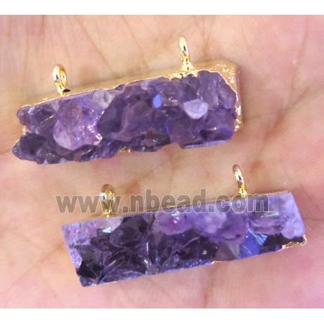 purple amethyst druzy pendant with 2holes, rectangle, gold plated