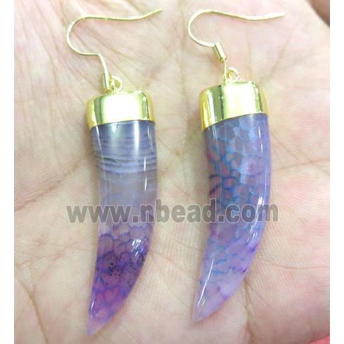 purple agate horn earring, gold plated
