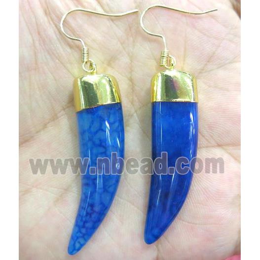blue agate horn earring, gold plated