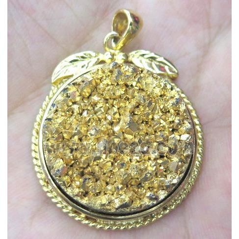Agate druzy pendant, flat-round, gold plated