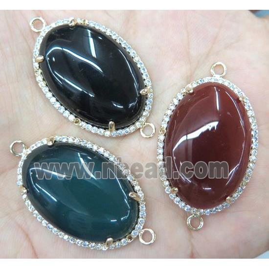 agate connector with rhinestone, oval, mix color