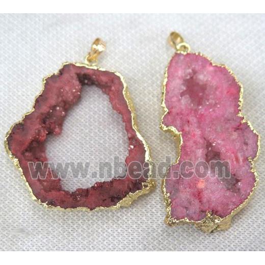 red druzy agate slice pendant, freeform, gold plated