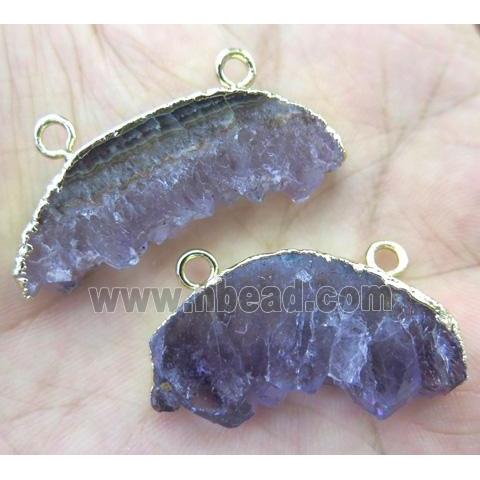 amethyst druzy pendant with 2holes, lune-shape, gold plated