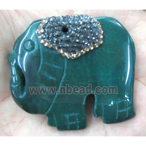 green Agate elephant pendant pave rhinestone