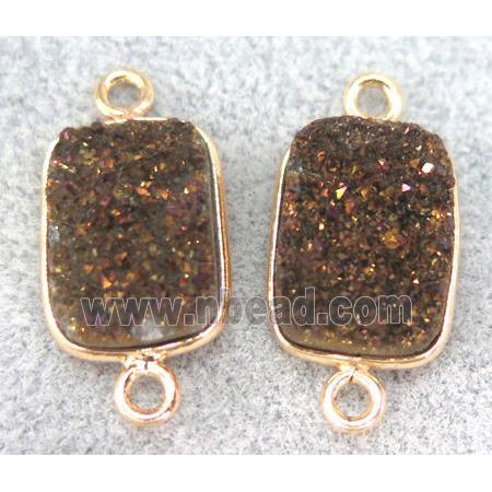 coffee druzy quartz connector, rectangle, gold plated