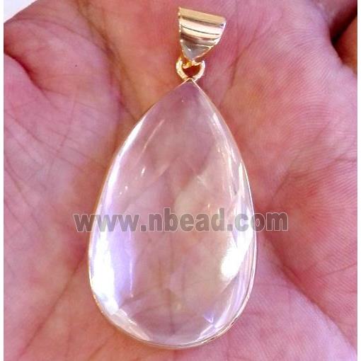 natural clear quartz pendant, faceted teardrop, gold plated