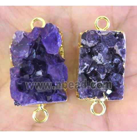 Amethyst druzy connector, rectangle, gold plated