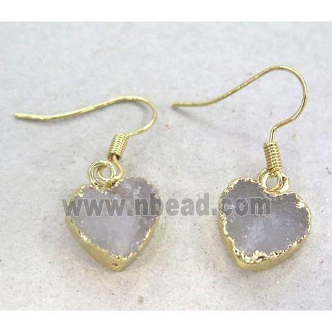 druzy agate earring, heart, gold plated