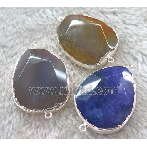 mix agate connector, faceted freeform, silver plated