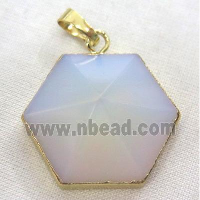 white opalite hexagon pendant, point, gold plated