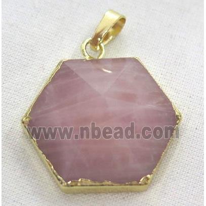 rose quartz hexagon pendant, point, gold plated