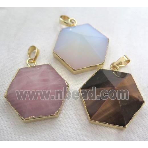 mix gemstone hexagon pendant, point, gold plated
