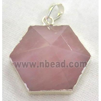rose quartz hexagon pendant, point, silver plated
