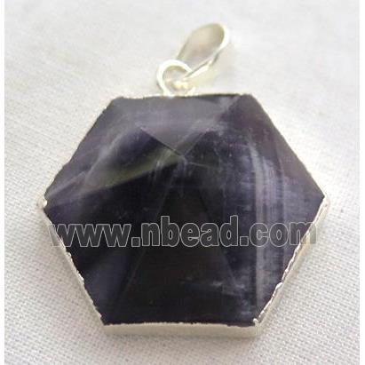 amethyst hexagon pendant, point, silver plated