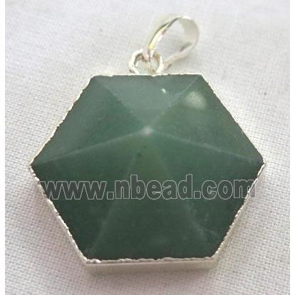 green aventurine hexagon pendant, point, silver plated