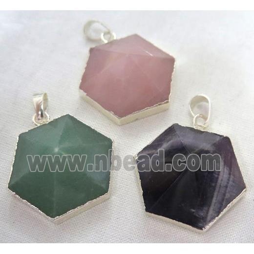 mix gemstone hexagon pendant, point, silver plated