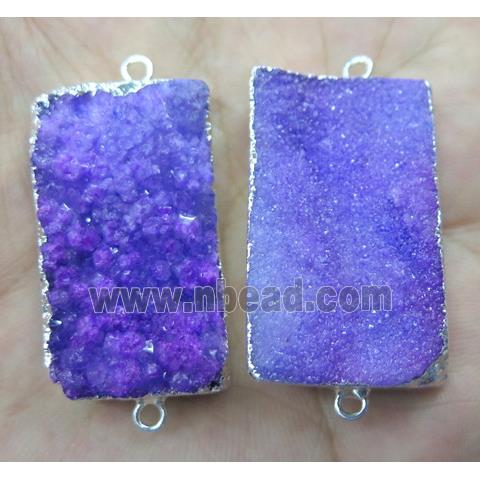 purple druzy quartz connector, rectangle, silver plated