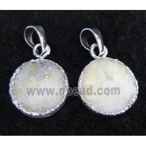 white druzy quartz pendant, flat-round, silver plated