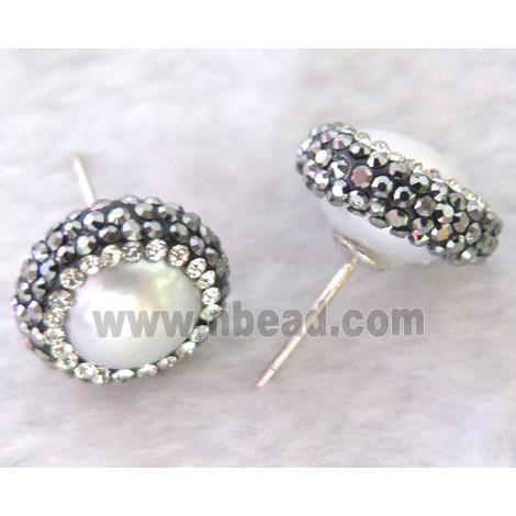 freshwater Pearl sterling silver earring studs paved rhinestone