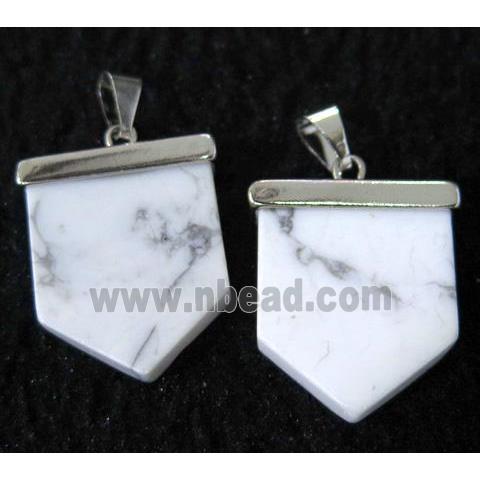 white turquoise howlite arrowhead pendant, platinum plated