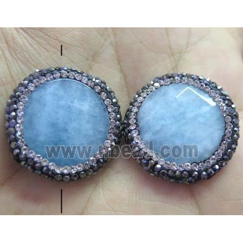 jade bead paved rhinestone, faceted flat-round, blue dye