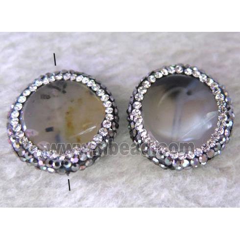 Heihua Agate bead paved rhinestone, flat-round, gray