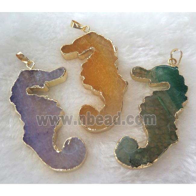 Agate Sea-Horse pendant, mix color, gold plated