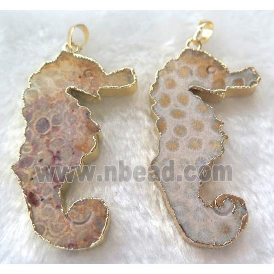 Coral Fossil pendant, sea-horse, gold plated