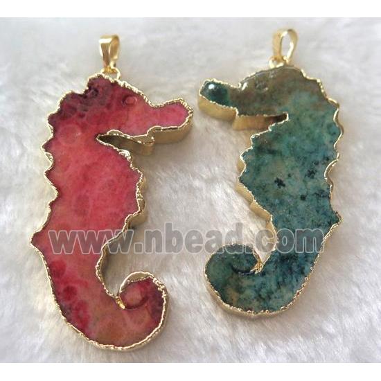 Coral Fossil pendant, sea-horse, mix color, gold plated