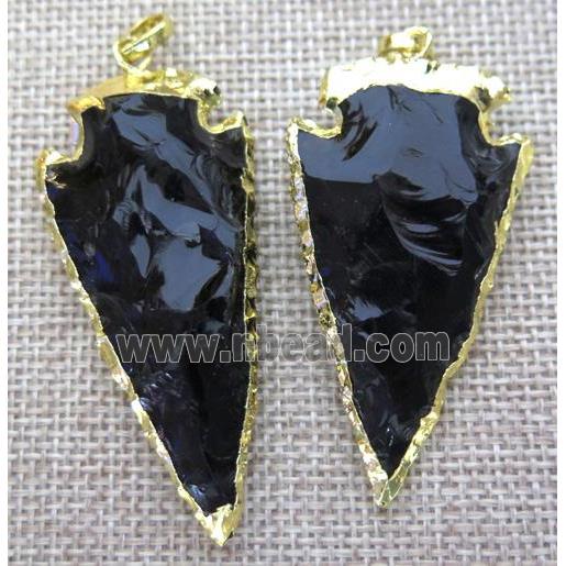 hammered black obsidian arrowhead pendant, gold plated