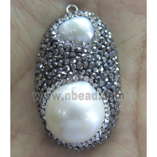 white freshwater pearl pendant paved rhinestone