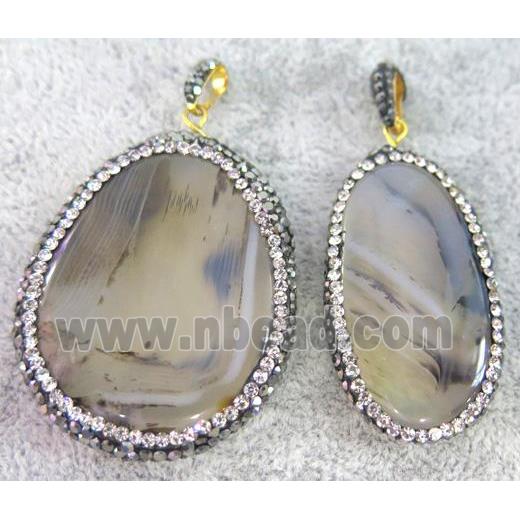 Heihua Agate pendant paved rhinestone, freeform, gray