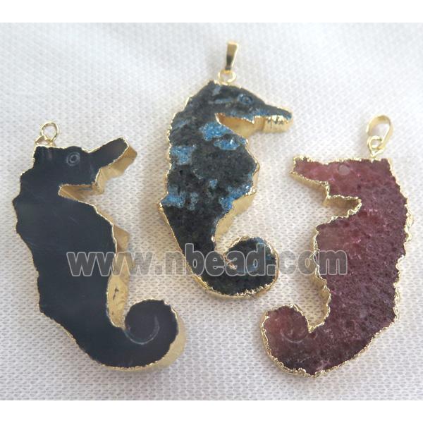 agate sea-horse pendant, mixed color, gold plated