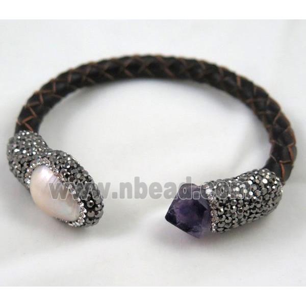 pearl and amethyst leather bracelet paved rhinestone