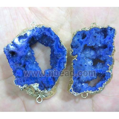 blue agate druzy connector, freeform, gold plated