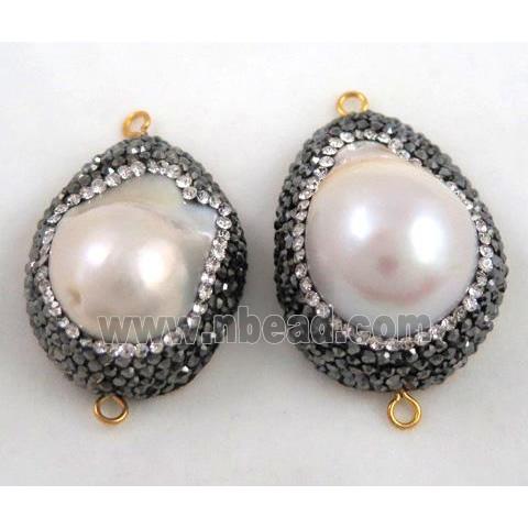 white freshwater pearl connector paved rhinestone, freeform