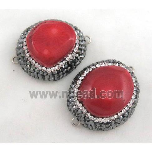 red coral connector paved rhinestone, freeform