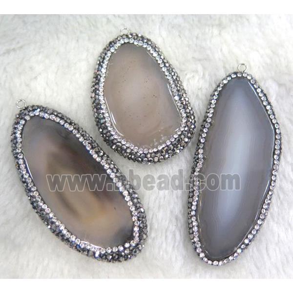 gray Agate slice pendant paved rhinestone, freeform