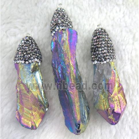 clear quartz pendant paved rhinestone, stick, rainbow electroplated