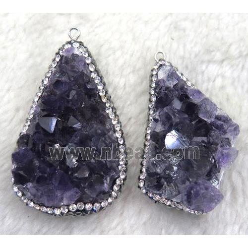 amethyst druzy pendant paved rhinestone, freeform, purple