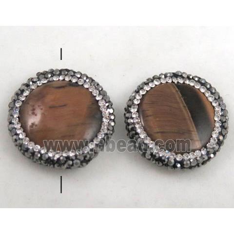 tiger eye stone bead paved rhinestone, flat-round
