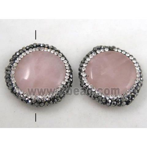 rose quartz bead paved rhinestone, flat-round, pink